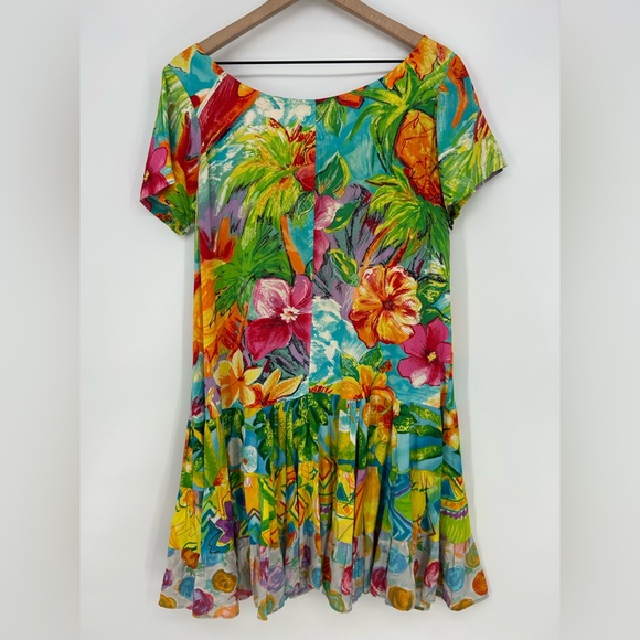 Vintage Jams World Hattie Dress Vibrant Bold Tropical Floral Mixed Print- Medium - Picture 2 of 9